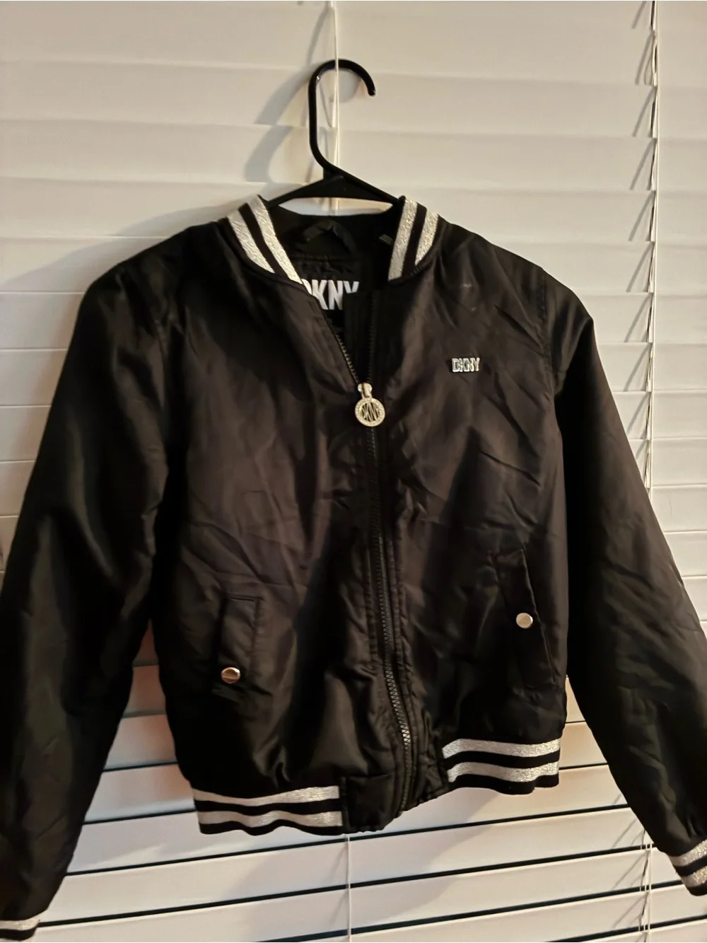 DKNY Black Bomber Jacket with White Stripe Trim